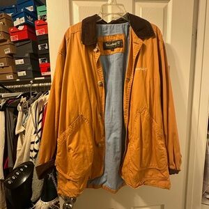 Timberland Men's Orange Jacket with Dark Brown Collar